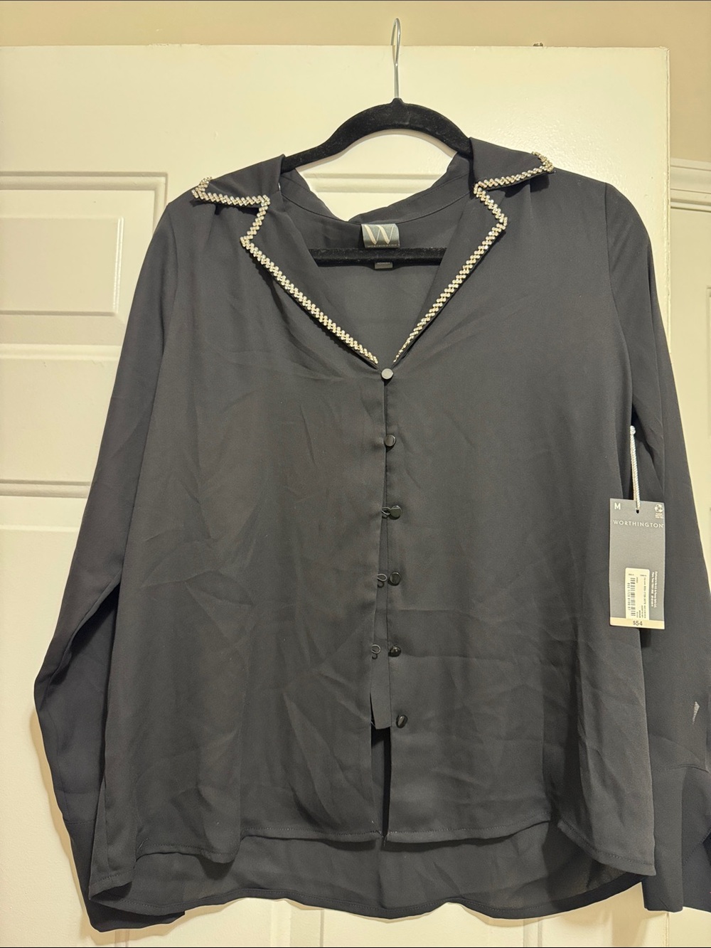 WORTHINGTON Women's Black Button-Up Blouse with White Trim